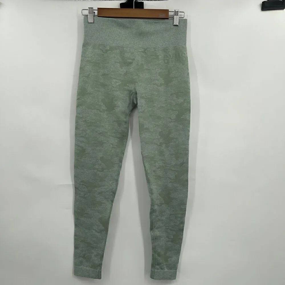 Gymshark Women's Sage Green Camo Seamless Leggings See measurements